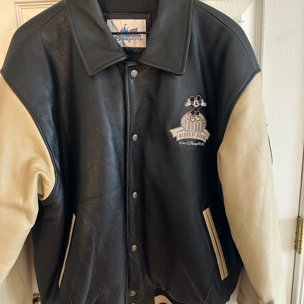 Disney Black and Cream Leather Varsity Jacket with Mickey Patch